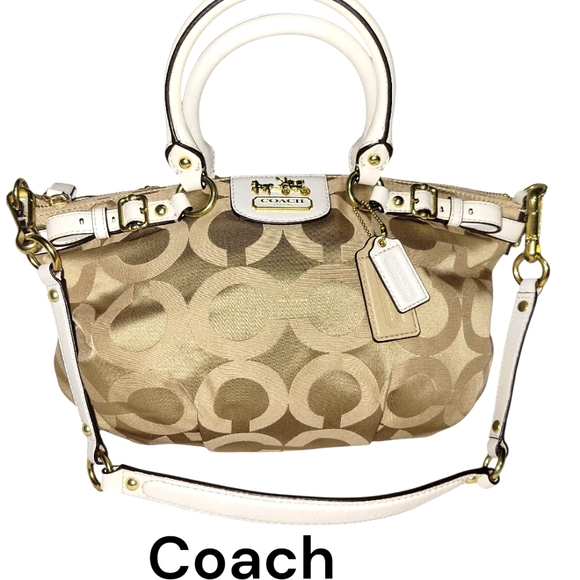 Mint Coach Madison Op Art Sateen Sophia Satchel 2 Way Purse Khaki/White #18650 - Picture 1 of 10